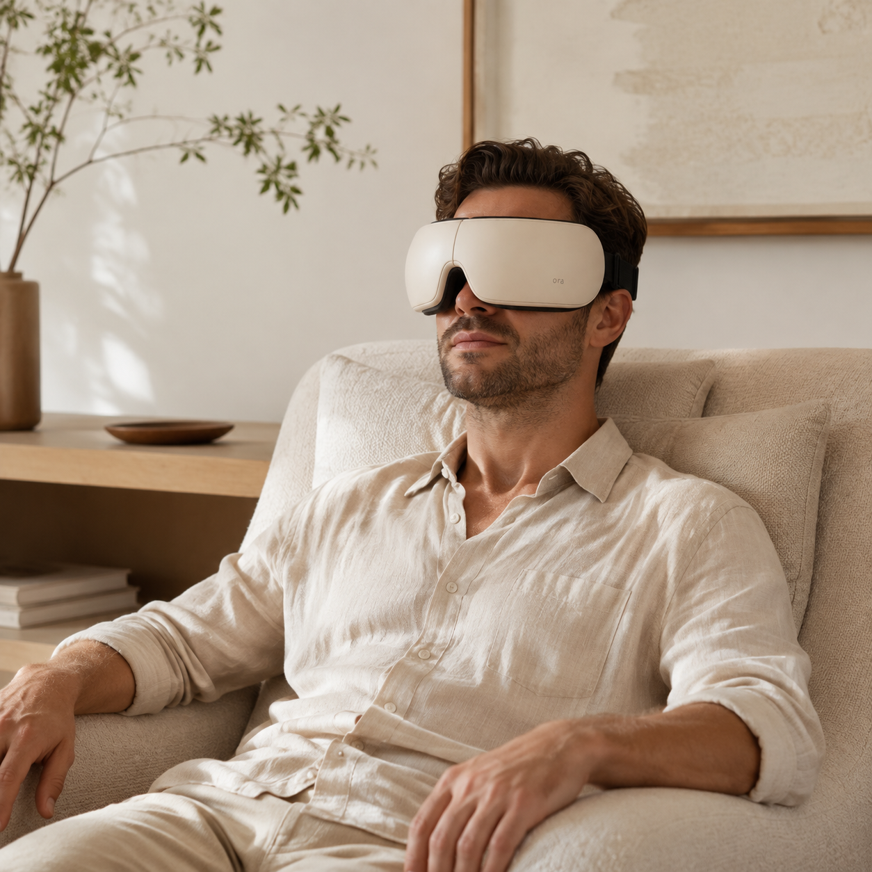 AI lifestyle concept of a man relaxing in an armchair wearing Ora